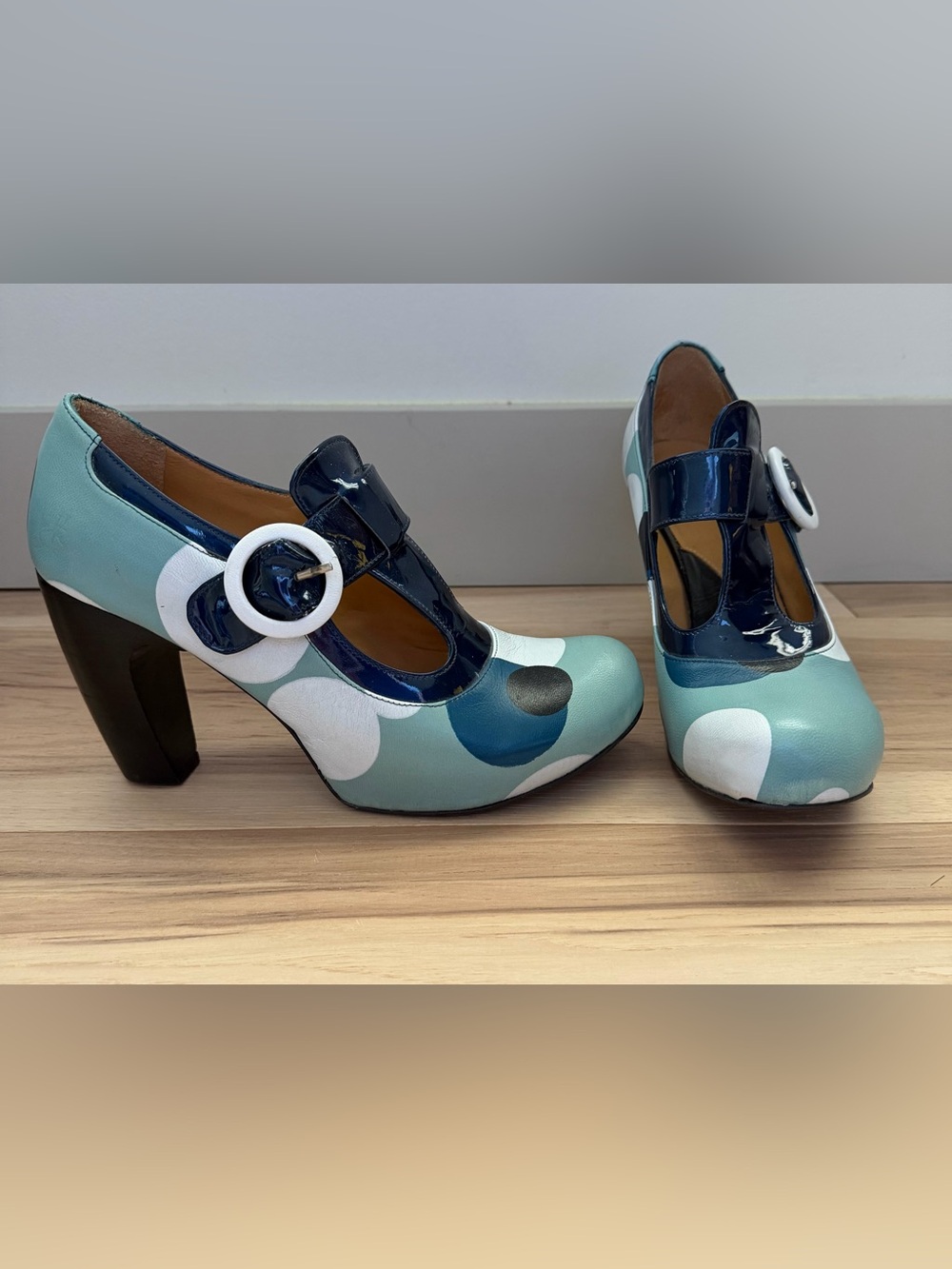 John Fluevog Teal, Navy & White Polka Dot Mary Jane Heels